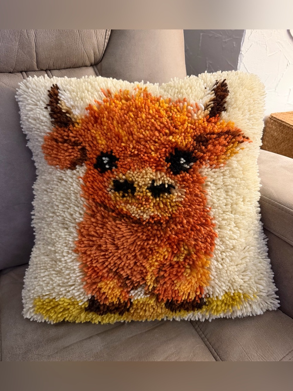Handmade Orange Highland Cow Shag Pillow - Decorative Home Art